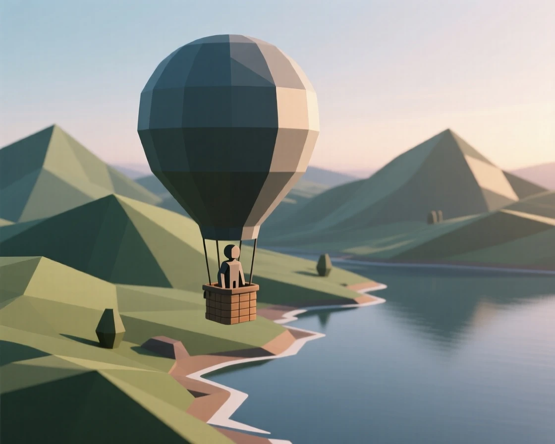 A hot air balloon pilot soaring above rolling hills, beside a tranquil lake at dawn. natural light enhances the vibrant colors of the scene. The mood feels adventurous and free.