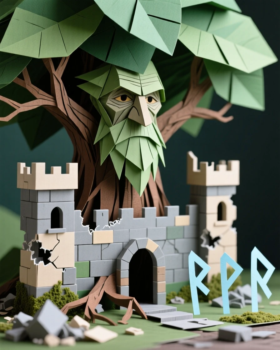 A wise old tree ent soaring above a crumbling ancient castle, with ancient runes glowing faintly nearby, evoking a sense of legend and myth.