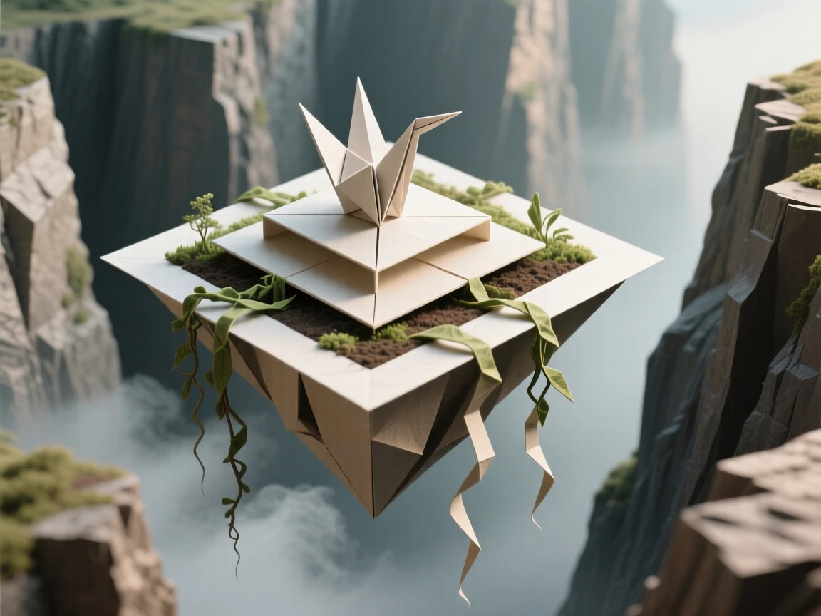 A floating garden suspended above a canyon, vines trailing down into the mist below.