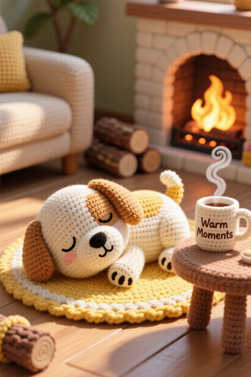 a sleepy puppy dozing in a sunbeam on the floor, with paws twitching in a dream, resting peacefully through the afternoon, in a warm living room lit by a crackling fireplace, with a steaming mug resting on a small table nearby, radiating gentle contentment in a small daily ritual.