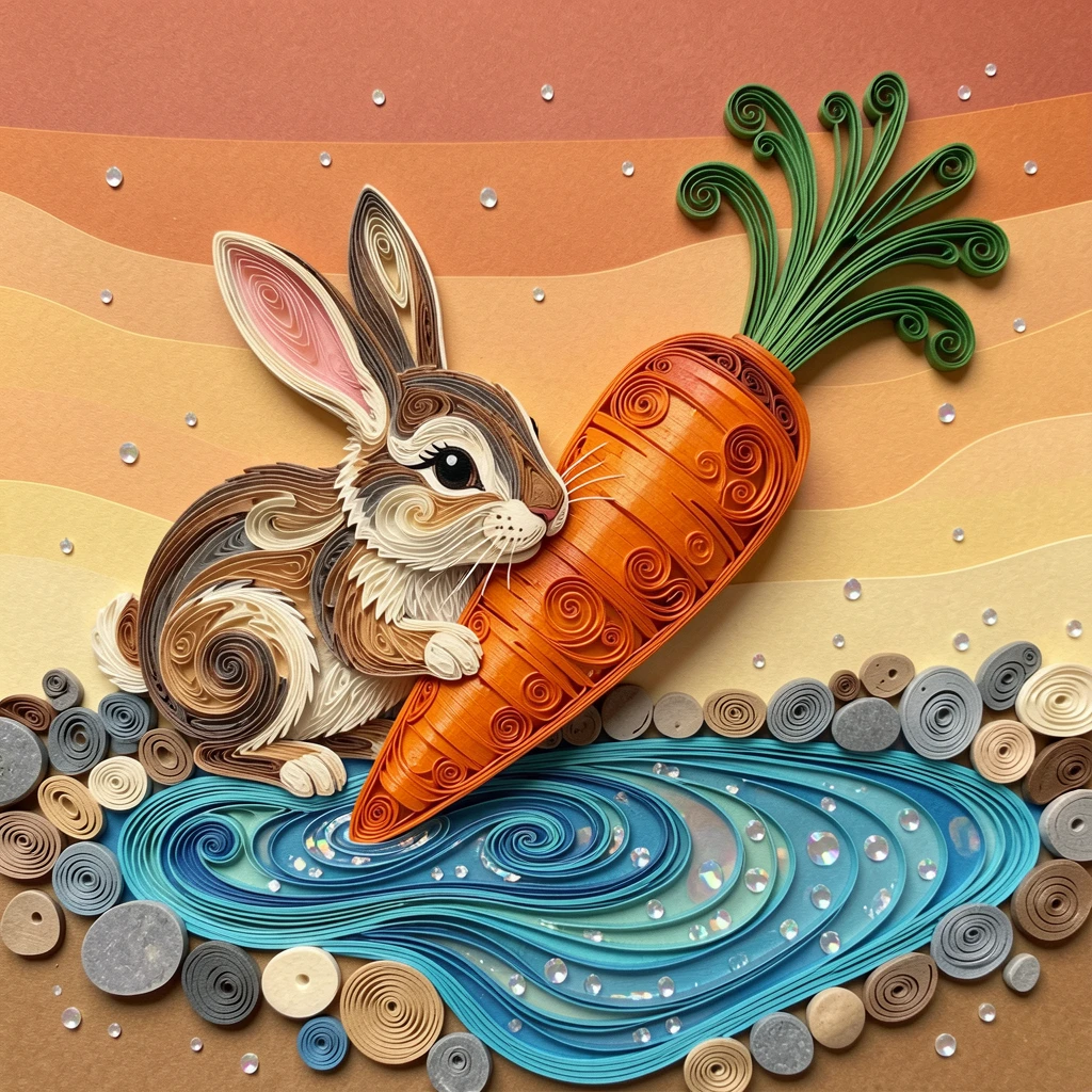 a bunny nibbling on a giant carrot twice its size, near a babbling brook lined with pebbles, set against a warm gradient background, with tiny sparkling highlights catching the light.
