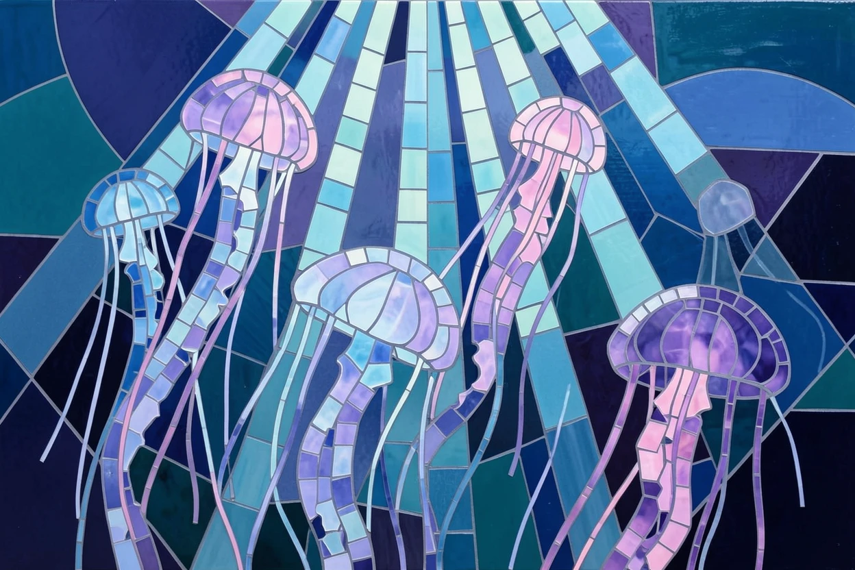 A jellyfish bloom drifting gracefully through deep ocean water, illuminated by soft rays of sunlight filtering through water.