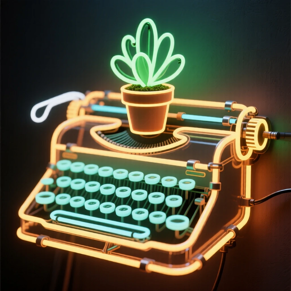 A vintage typewriter with a small potted succulent growing from its keys.