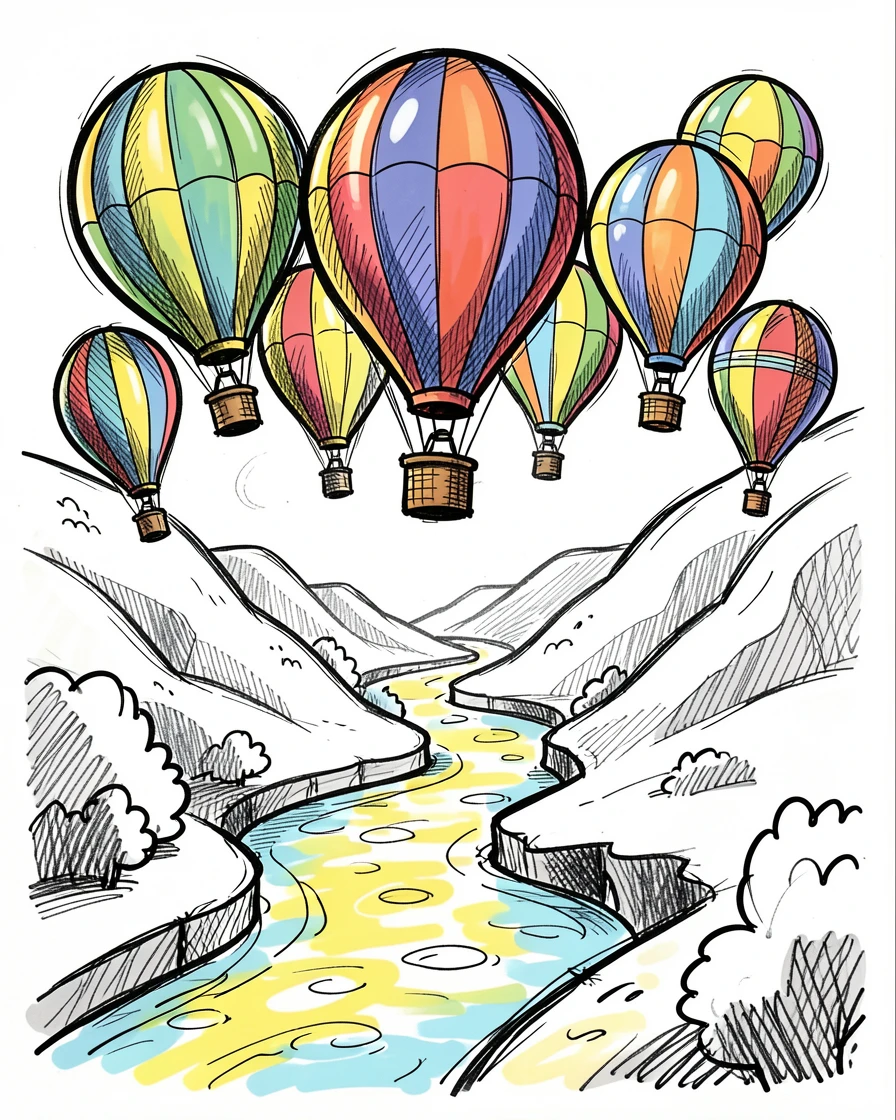 A cluster of colorful hot air balloons over a valley along a sun-dappled river path.