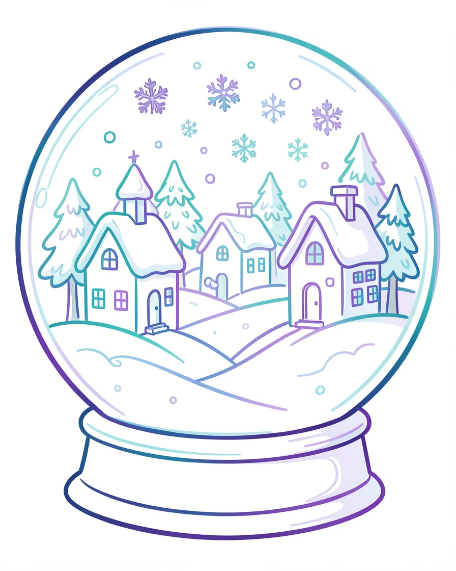 A winter snow globe scene of a quaint village covered in fresh snow.