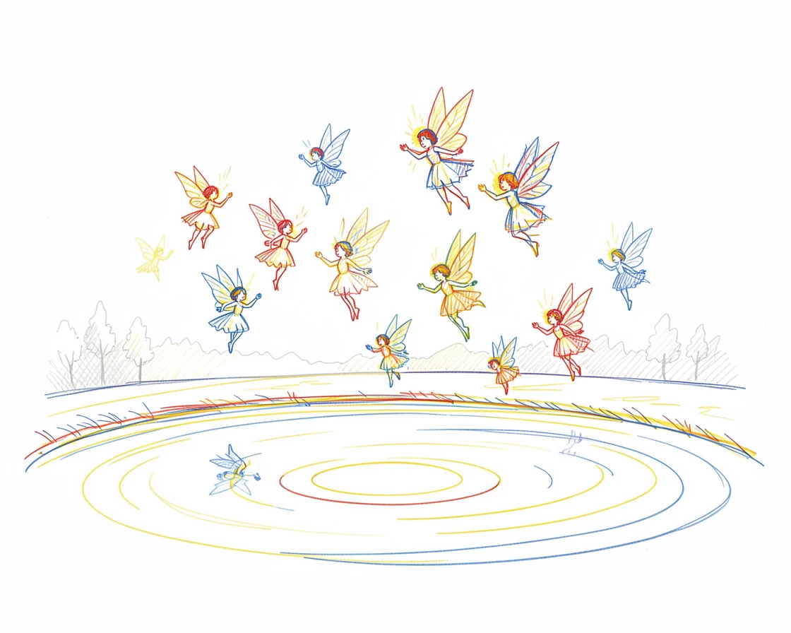A colony of tiny glowing fairies dancing above a moonlit pond