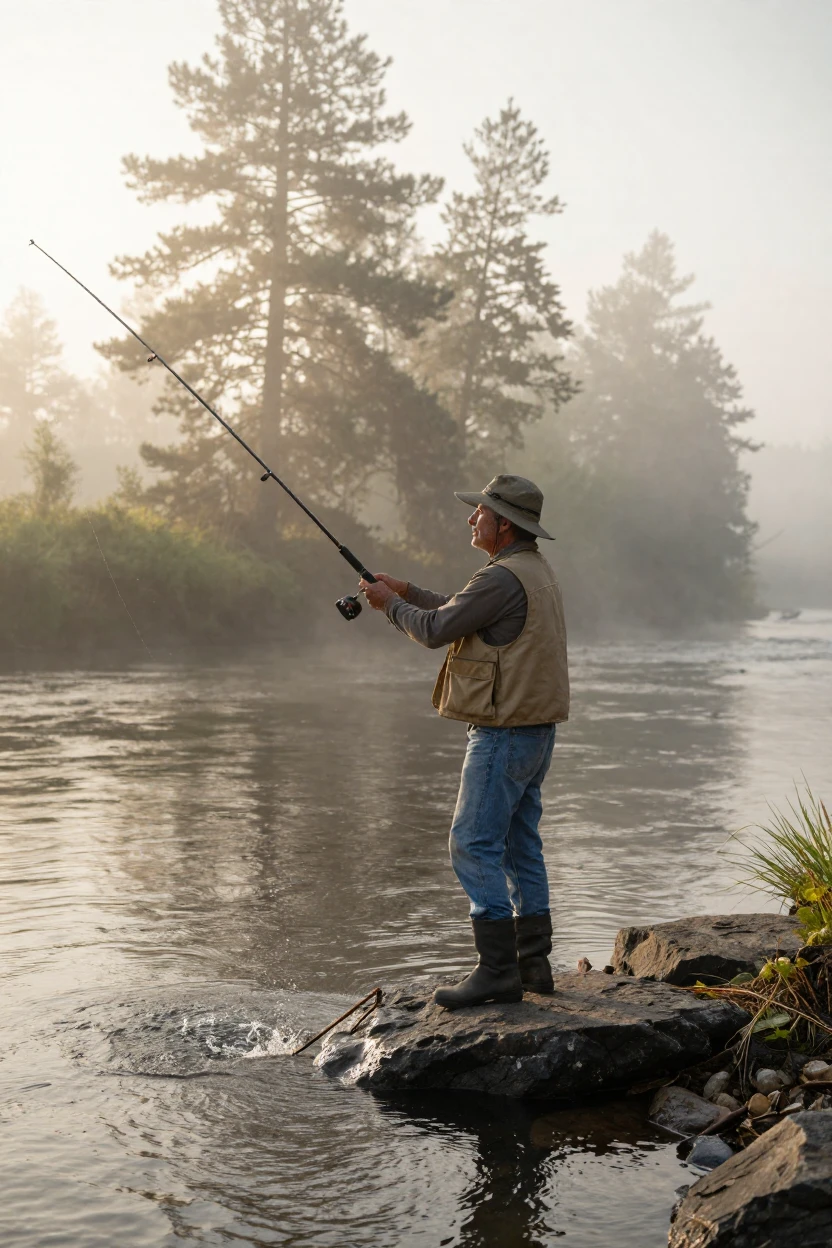 A fisherman casting a line into a misty river at dawn