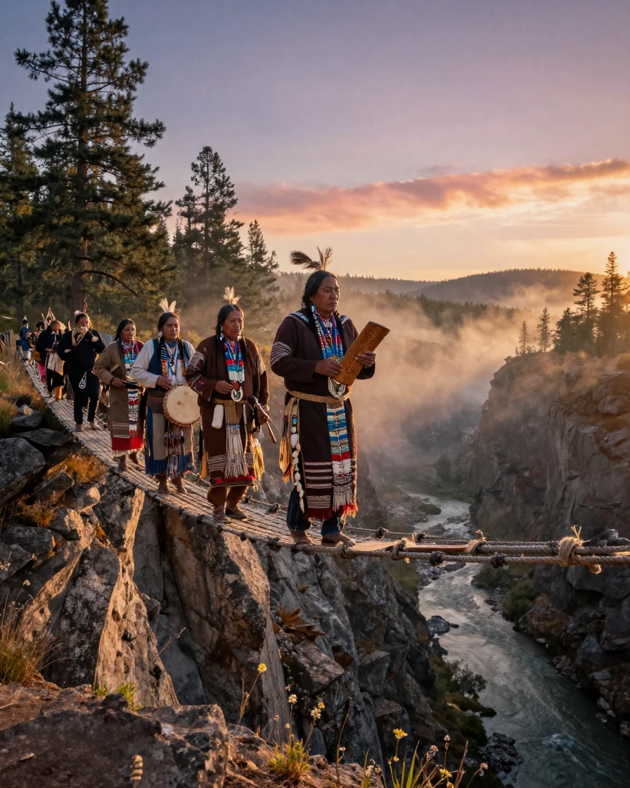 A gathering of tribal storytellers crossing a rope bridge above a deep gorge