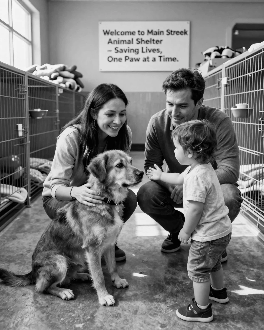A rescued shelter dog learns to trust its new family at a bustling animal shelter.
