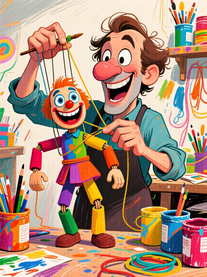 A puppet workshop artist stringing up a freshly painted marionette.