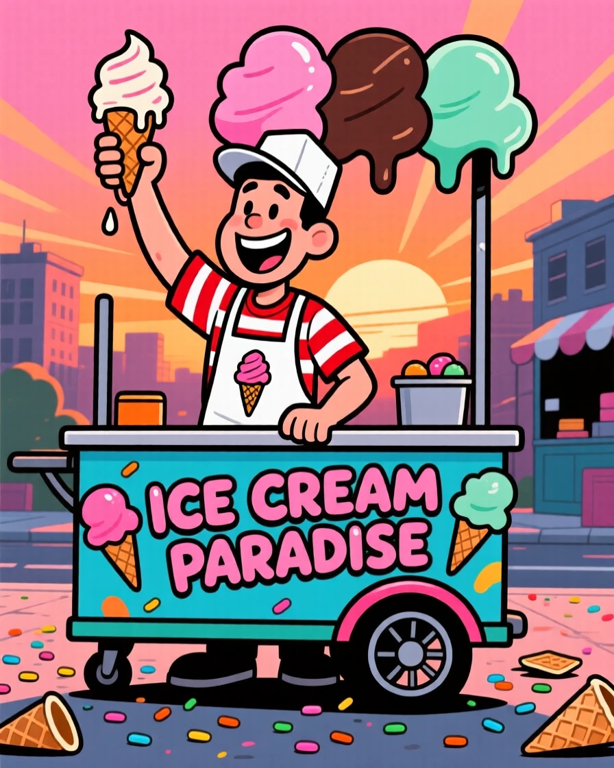 A vibrant profession-themed portrait of a cheerful ice cream vendor celebrating after finishing a difficult job, as the sun sets behind the workplace.