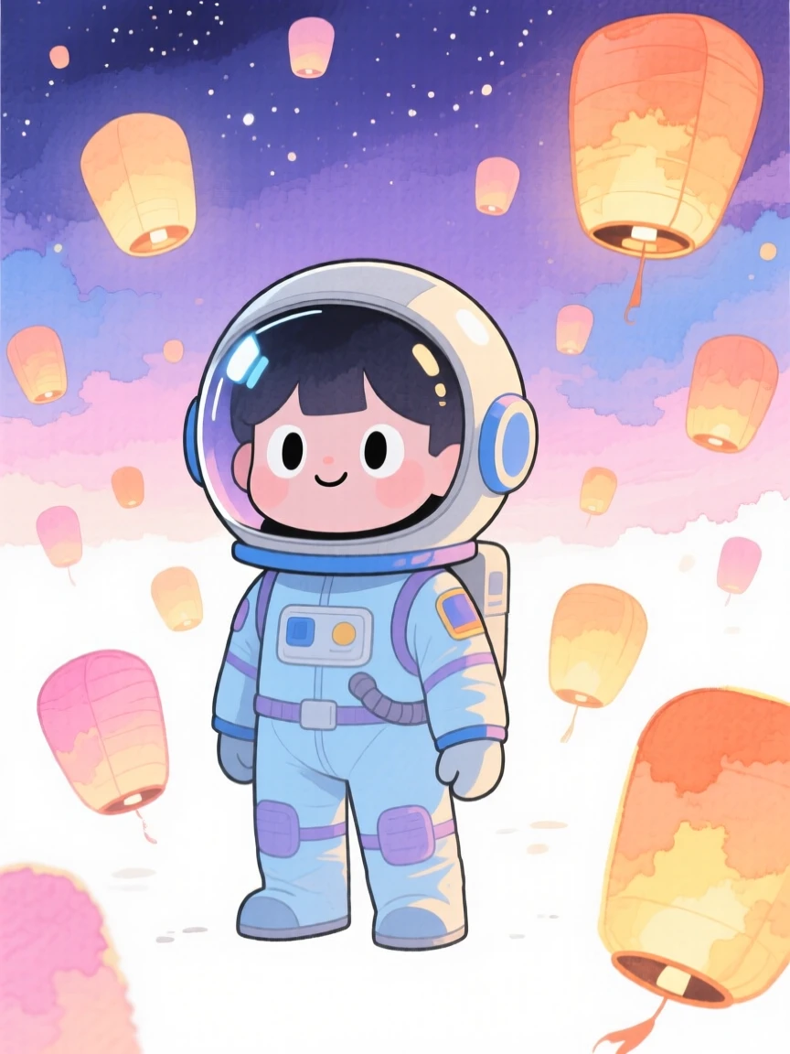A space explorer surrounded by floating lanterns at twilight