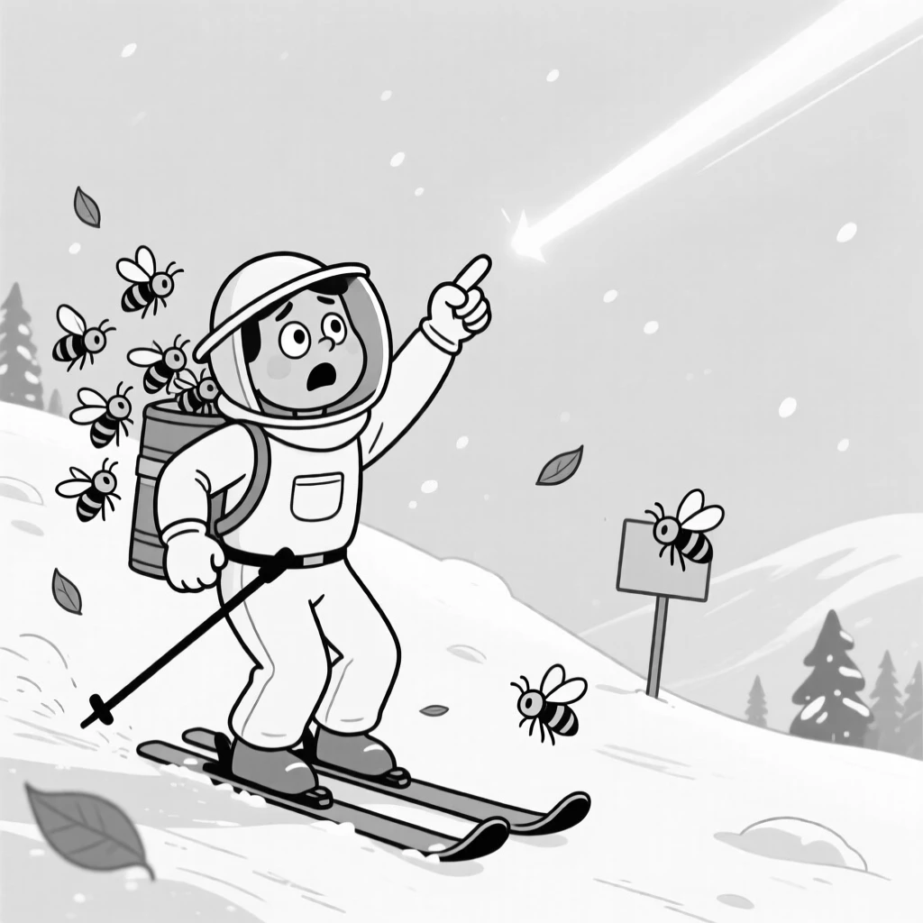 A beekeeper's assistant backing away nervously from buzzing bees, pointing excitedly as a streak of light crosses the sky, set on a gentle, snow-dusted ski slope. A gentle breeze sends more leaves fluttering down. There's a fresh, playful energy woven through the moment.