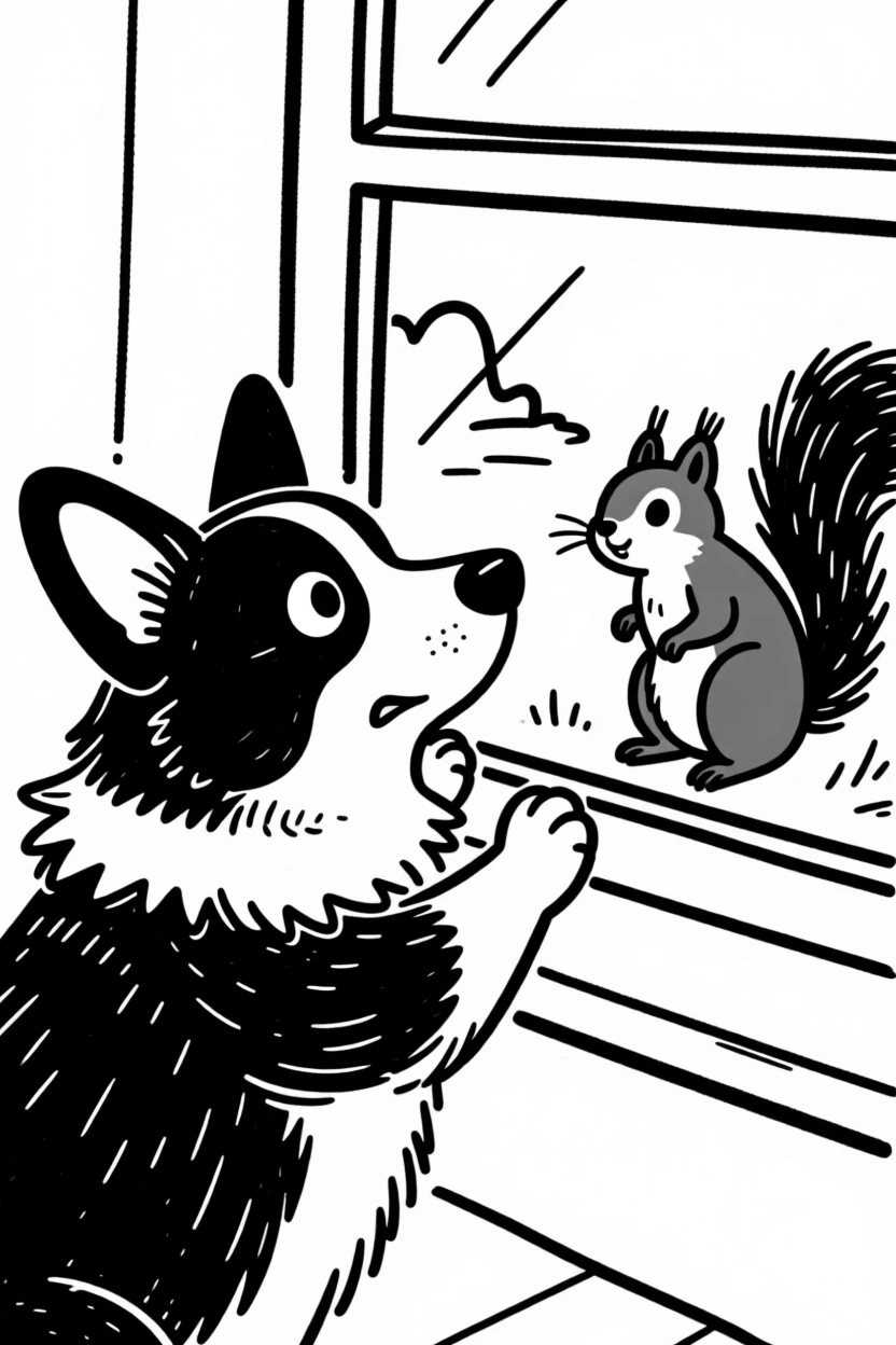 A fluffy corgi watching a squirrel through a window, paws pressed to the glass.