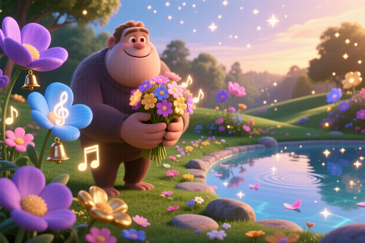 A friendly giant stands in a garden where flowers chime like bells, tending to a garden of luminous flowers. A gentle sense of wonder radiates through the air, with stars reflected in a nearby pool of water.