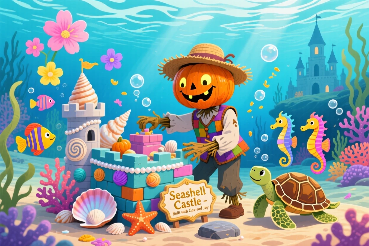 A pumpkin-headed scarecrow guardian is building a castle out of seashells in an underwater kingdom, while a gentle breeze carries the scent of flowers.