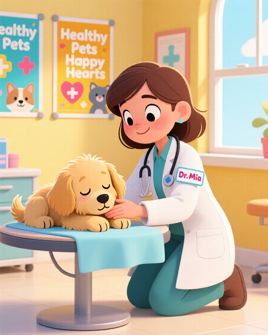 A veterinarian gently examining a sleepy puppy.