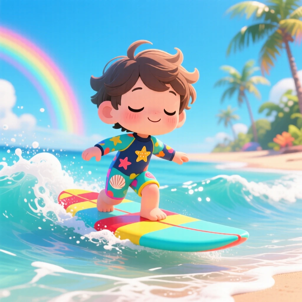 In a sunny tropical beach, a small surfer is riding a gentle wave on a colorful surfboard under a clear summer sky, bathed in bright rainbow-tinted light, expression full of sleepy relaxation. Shot as a medium shot.