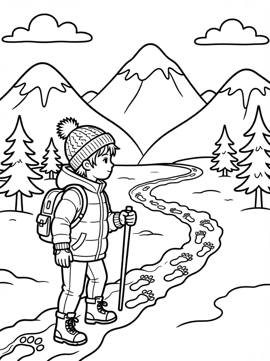 An explorer following a trail of footprints through snowy mountains