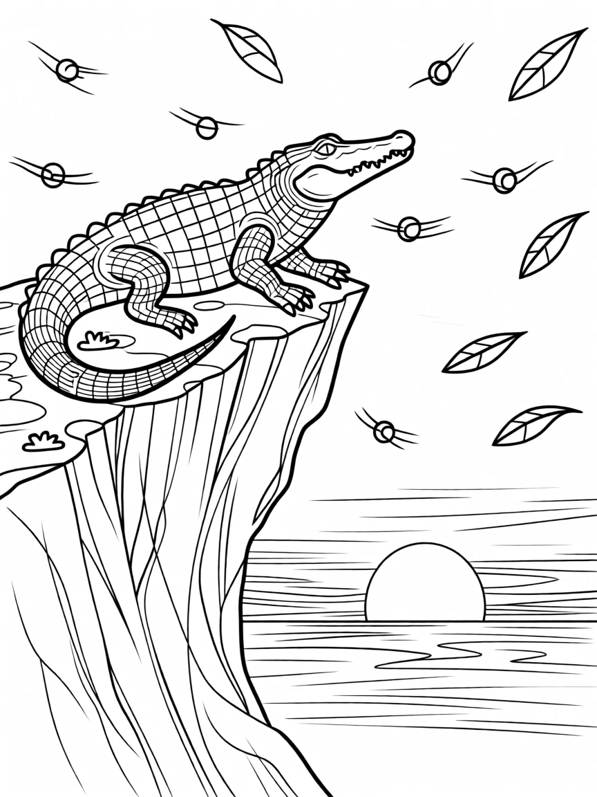 A crocodile perched on a jagged cliff at sunset, surrounded by fireflies and drifting leaves.