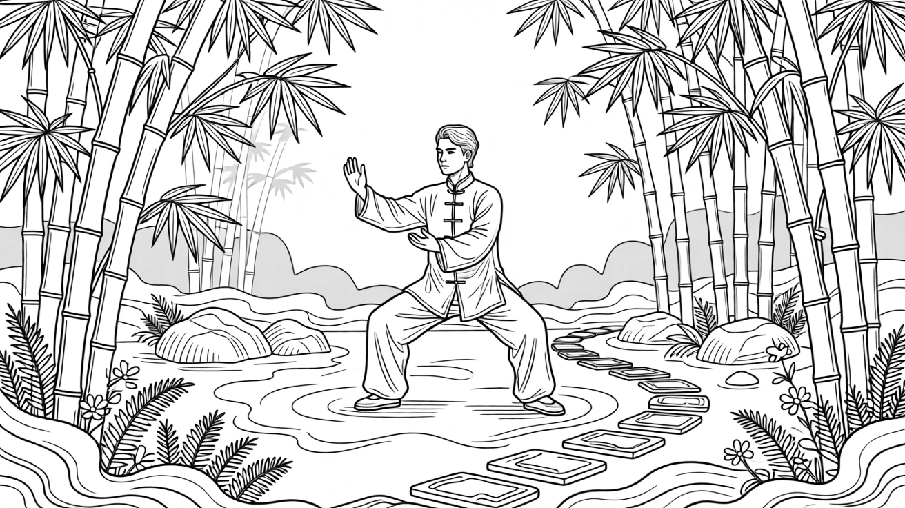 A person practicing tai chi in a misty bamboo garden at dawn.