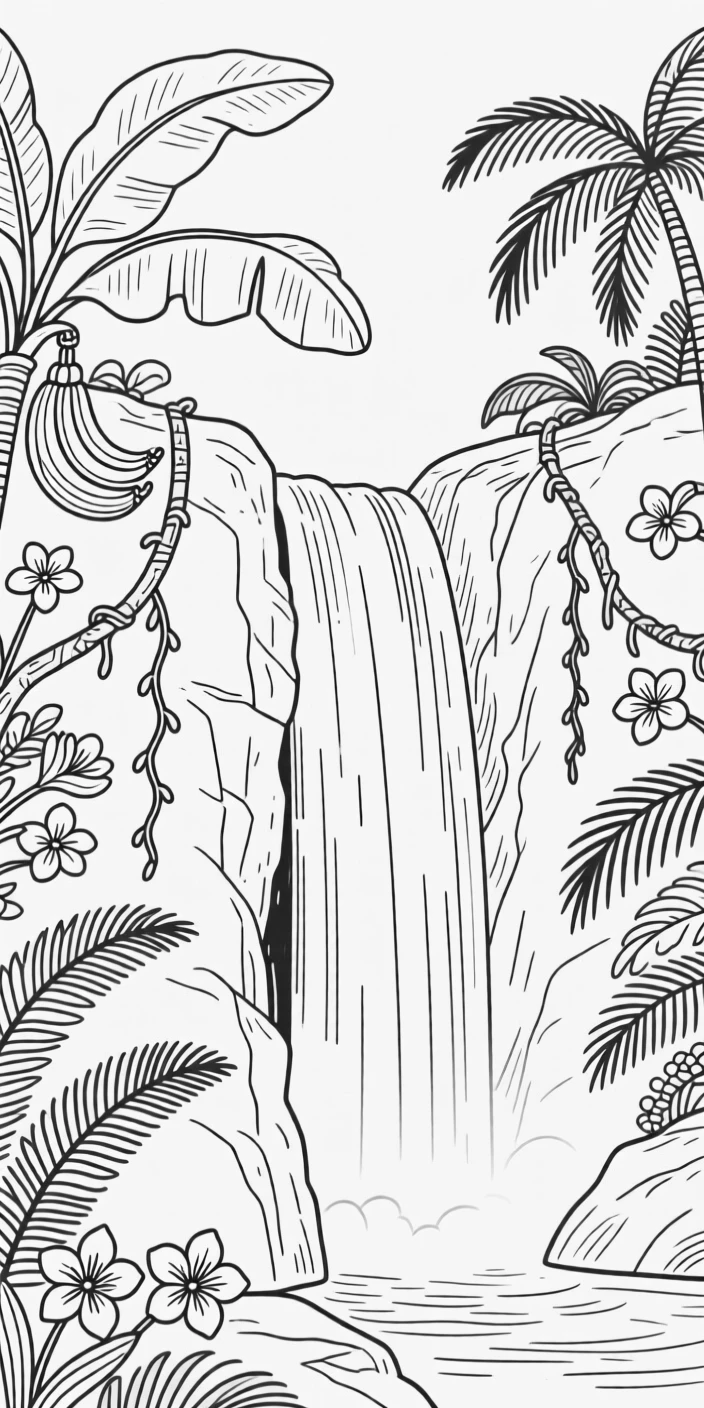 A tropical rainforest waterfall surrounded by lush vegetation
