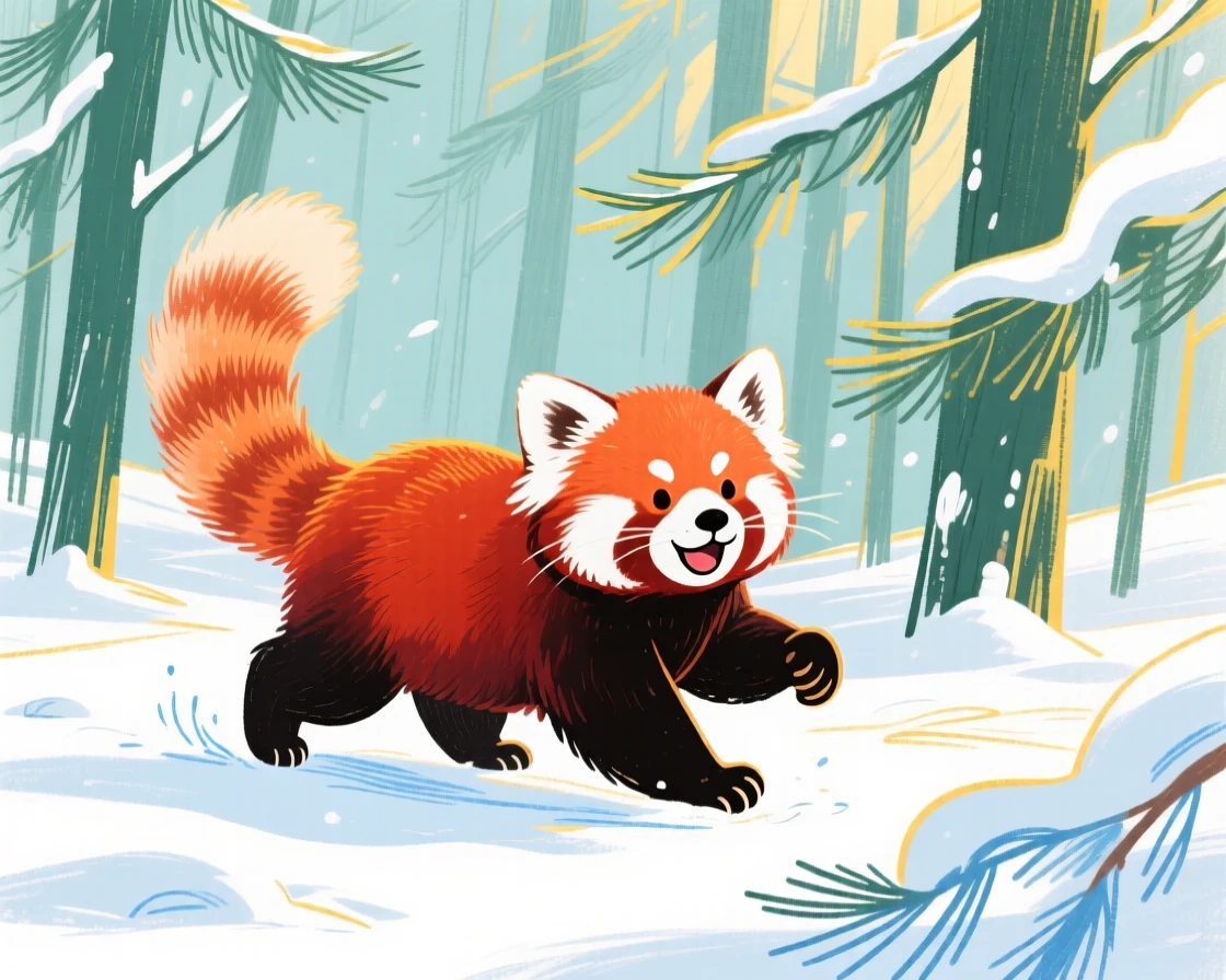 A red panda playing in a snowy pine forest on a quiet summer afternoon.