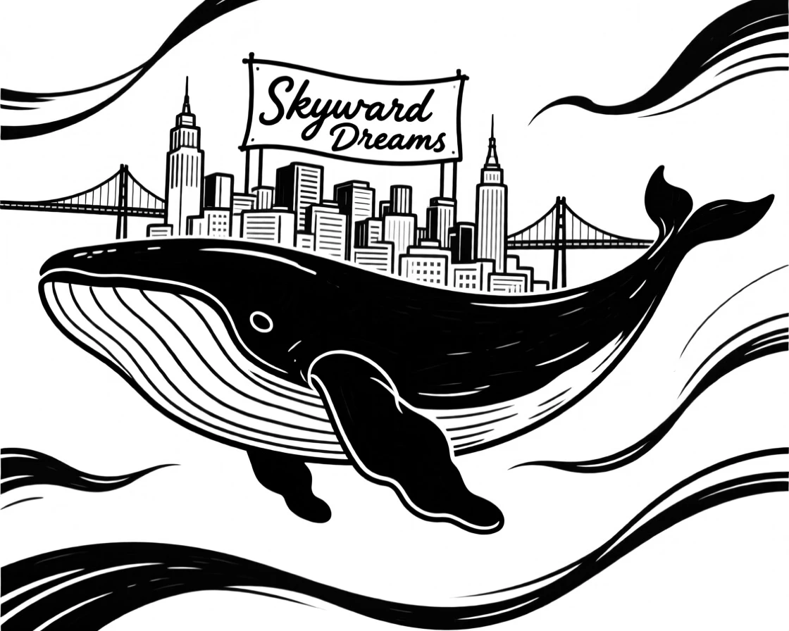 A sky city built atop the back of a colossal flying whale.