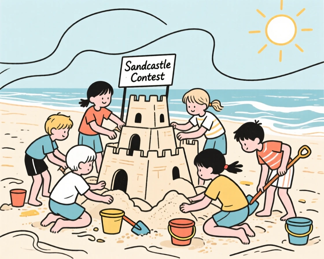 A group of children building a sandcastle together on a sunny beach.