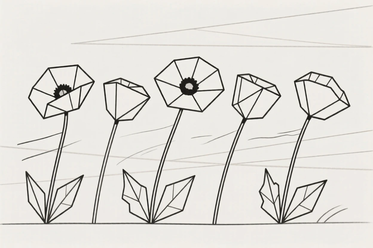 A row of poppies swaying in a breeze