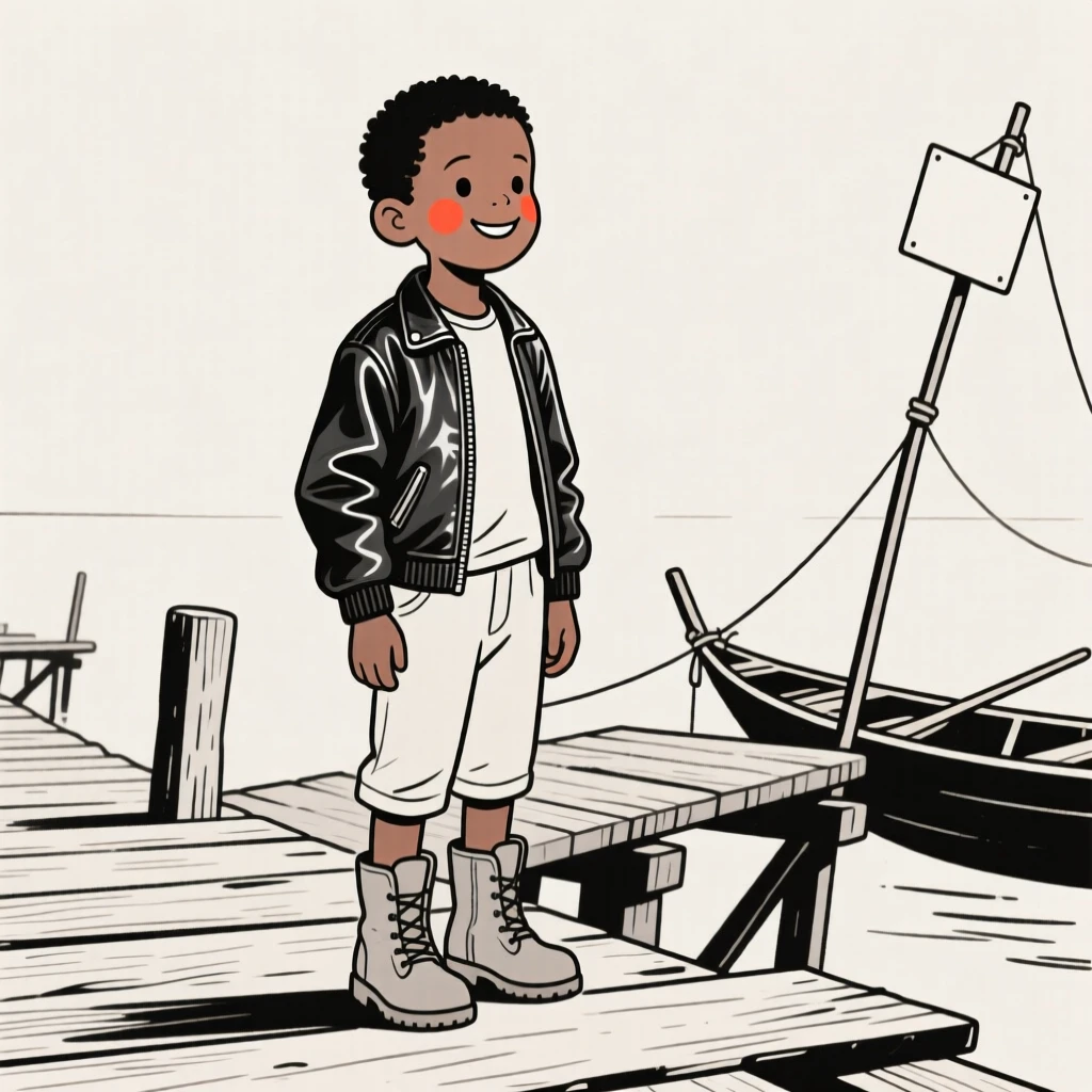 A young boy of Ethiopian heritage in a leather jacket and boots, smiling shyly, on a wooden fishing pier.