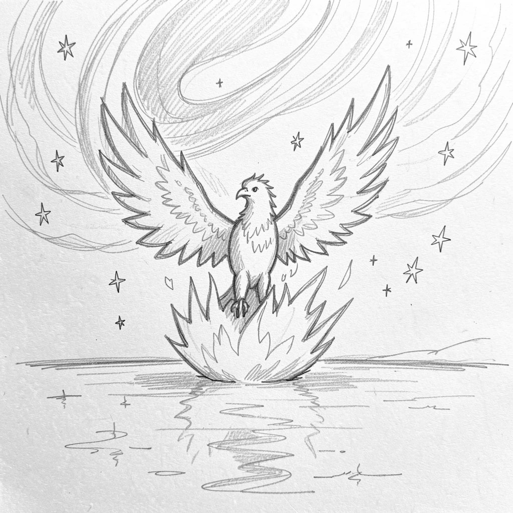 A phoenix rising in a burst of flame, beneath a sky swirling with auroras, with stars reflected in still water.