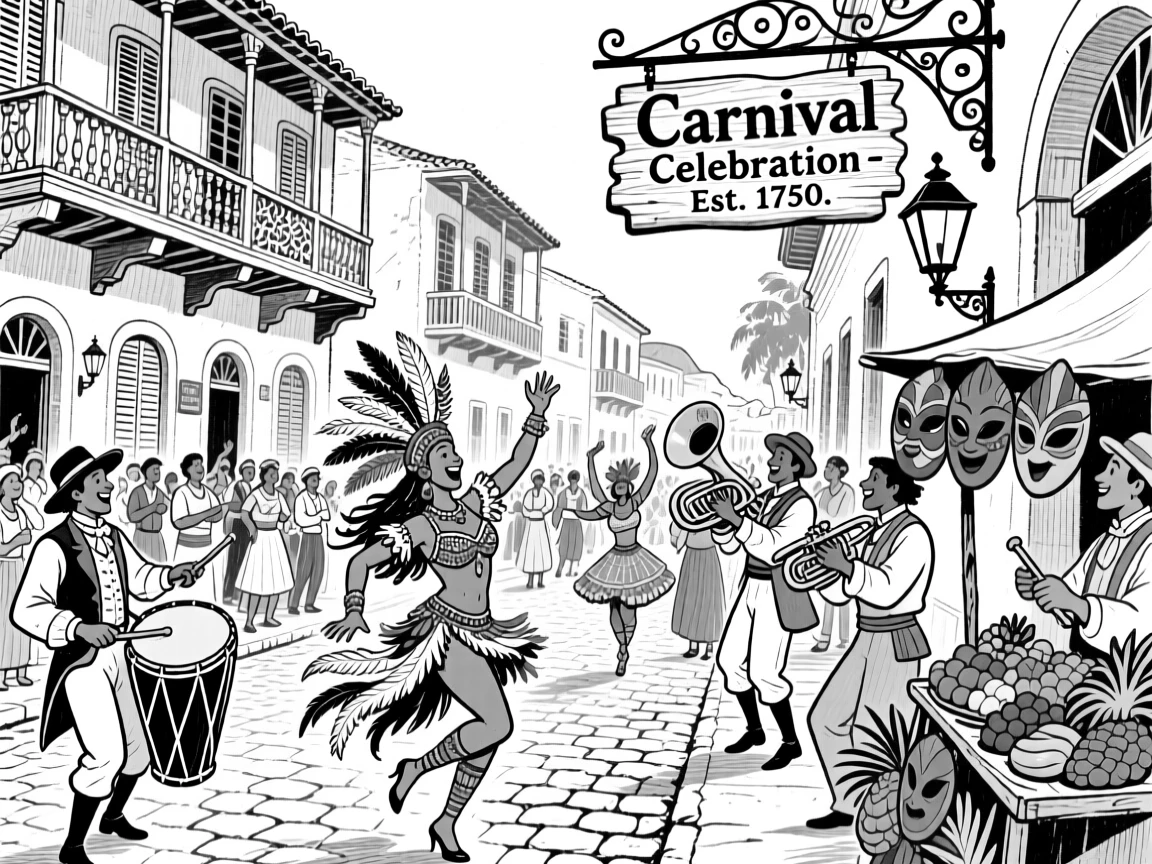 The vibrant carnival streets of a colonial Caribbean town.