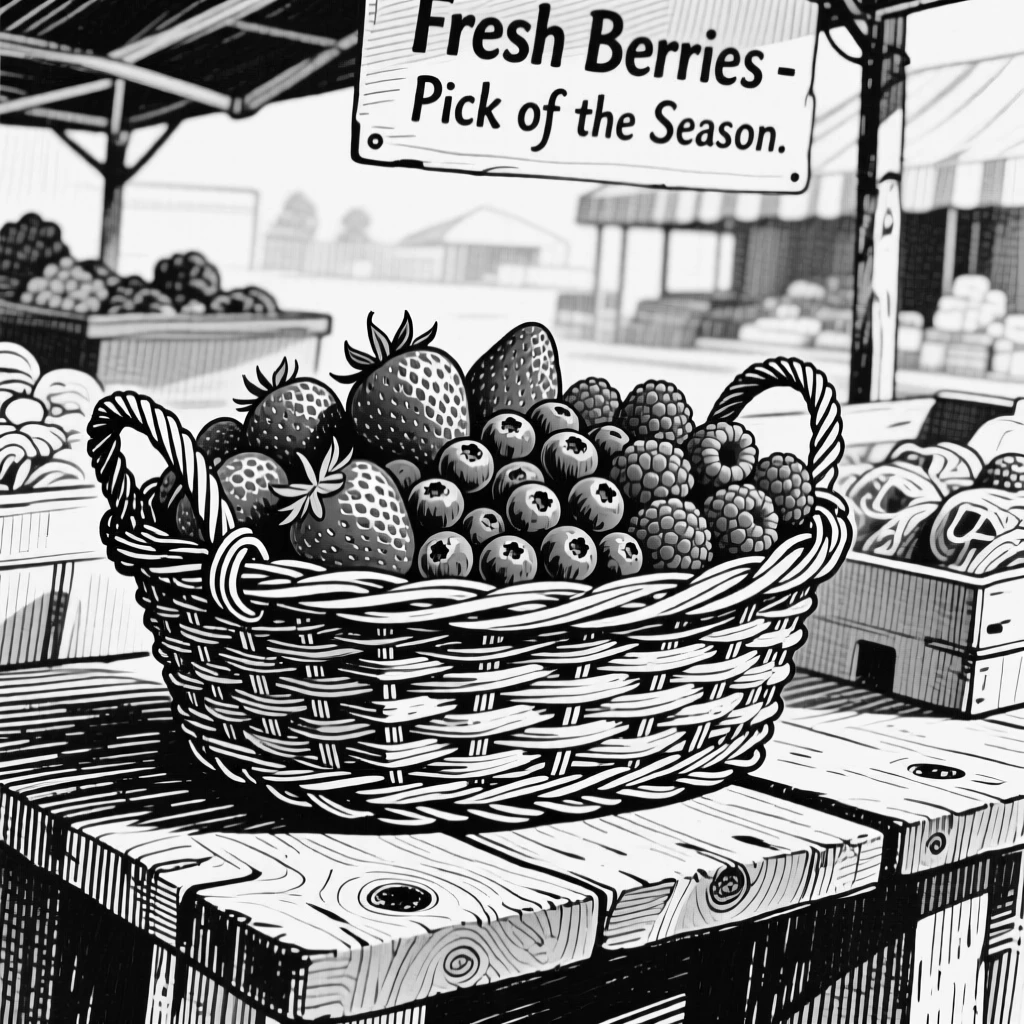 A basket of ripe berries displayed at an outdoor market stall, with the rich texture of the crust visible in detail, presented in a quietly nourishing culinary still life.