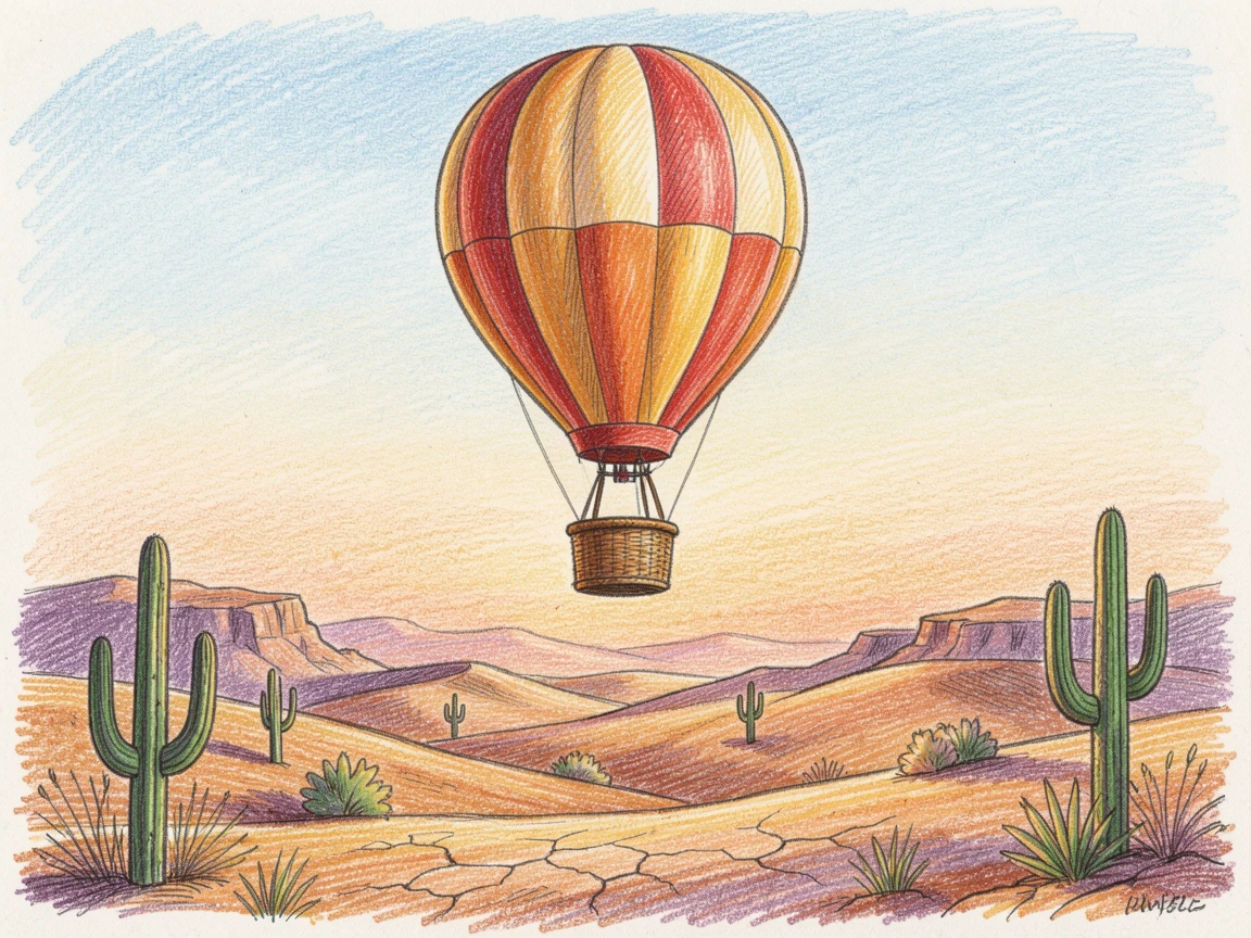 A hot air balloon ride drifting above a colorful desert landscape, with rich, inviting textures throughout the scene, evoking nostalgia and a deep sense of contentment.