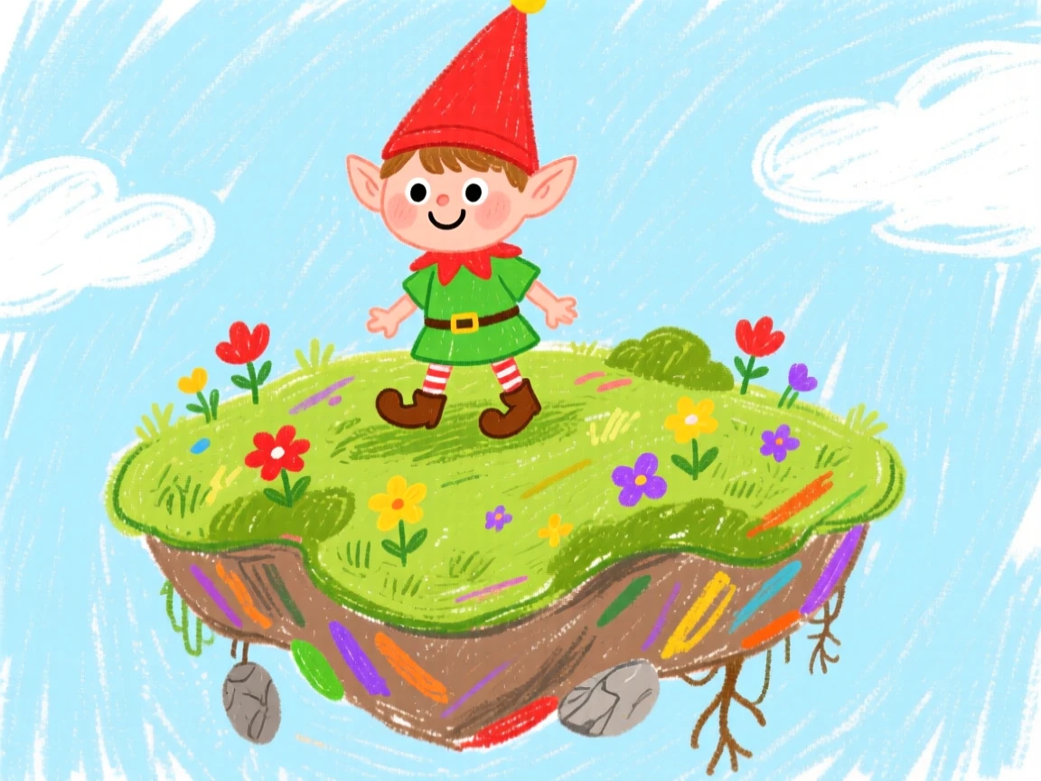 A garden elf perched atop a floating moss covered island.