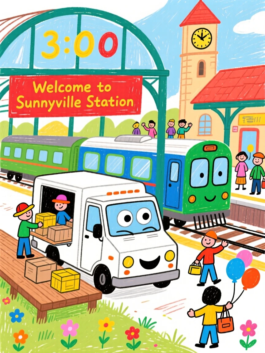 A friendly delivery van loading up at a bustling train station.