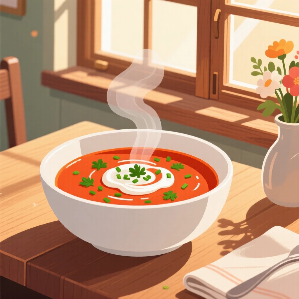 A bowl of hot soup garnished with fresh cream and herbs, placed near a window with warm afternoon light, composed with steam rising for a warm, inviting feel, with a joyful, celebratory feel.