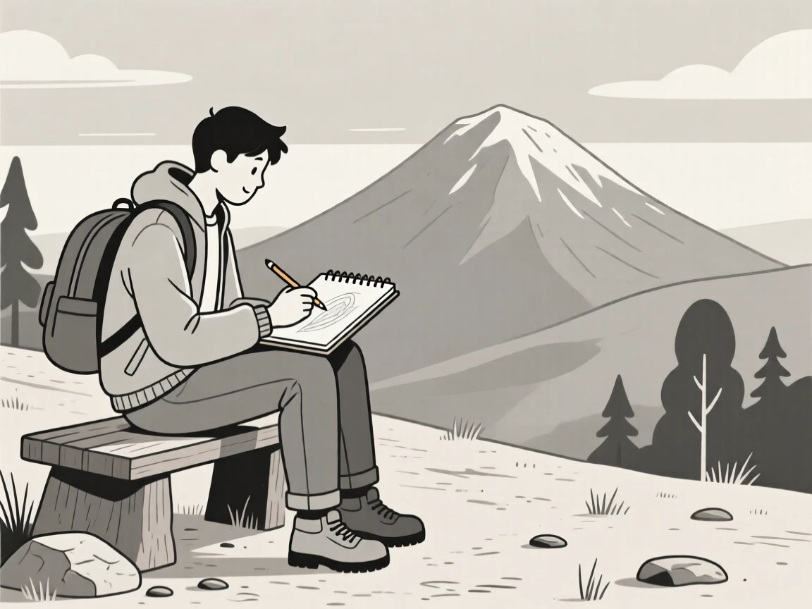 A traveler sketching in a notebook near a mountain viewpoint.