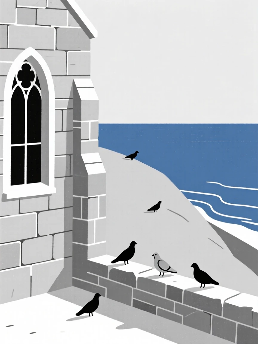 A quiet corner of a stone cathedral within a hilltop overlooking the sea, featuring a scattering of pigeons, full of modern clarity.