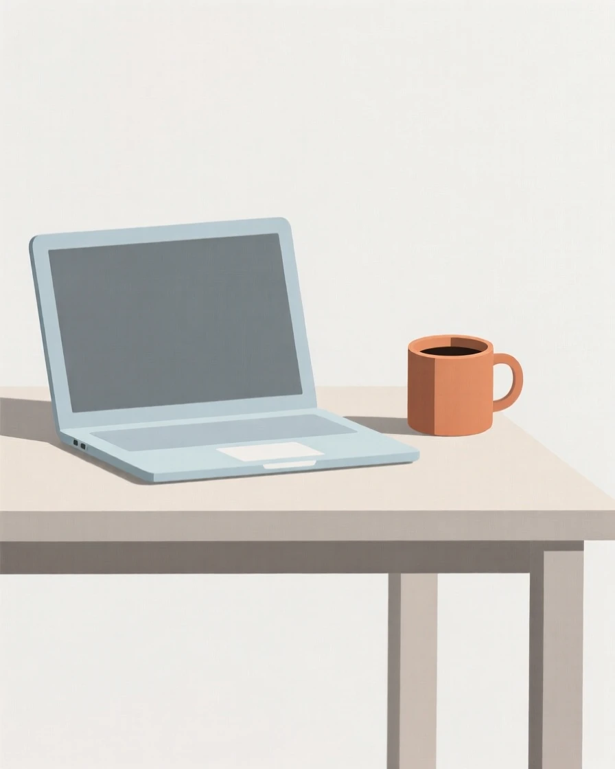 A laptop open on a minimalist desk with a coffee cup