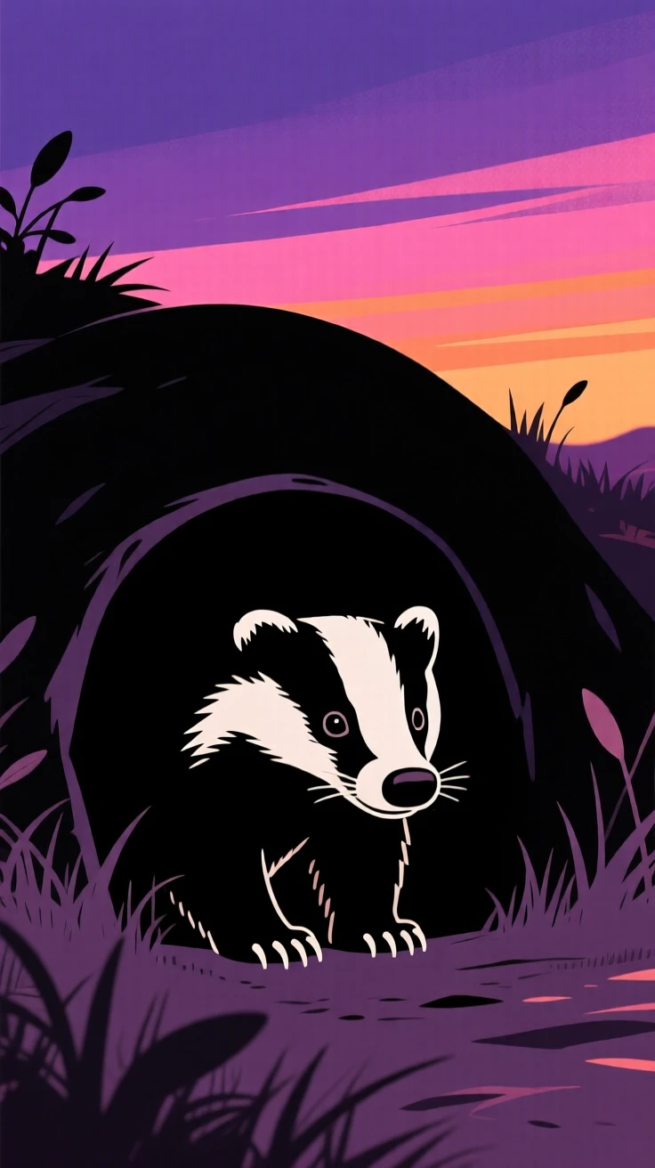 A badger emerging cautiously from its den at dusk.