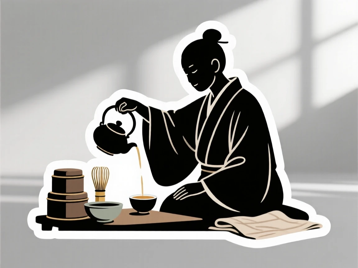A peacefully immersed tea ceremony host pouring tea gracefully, with a look of quiet satisfaction, in a sunlit studio filled with supplies.