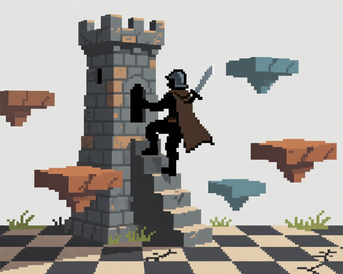 A lone adventurer climbing a tower guarded by floating platforms, on a checkerboard battlefield of tiles.