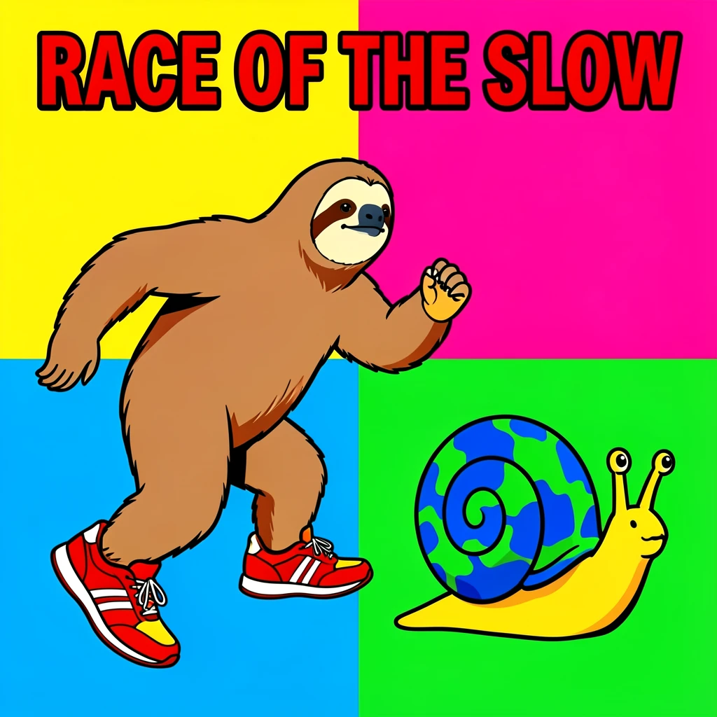 Sloth wearing running shoes racing a snail