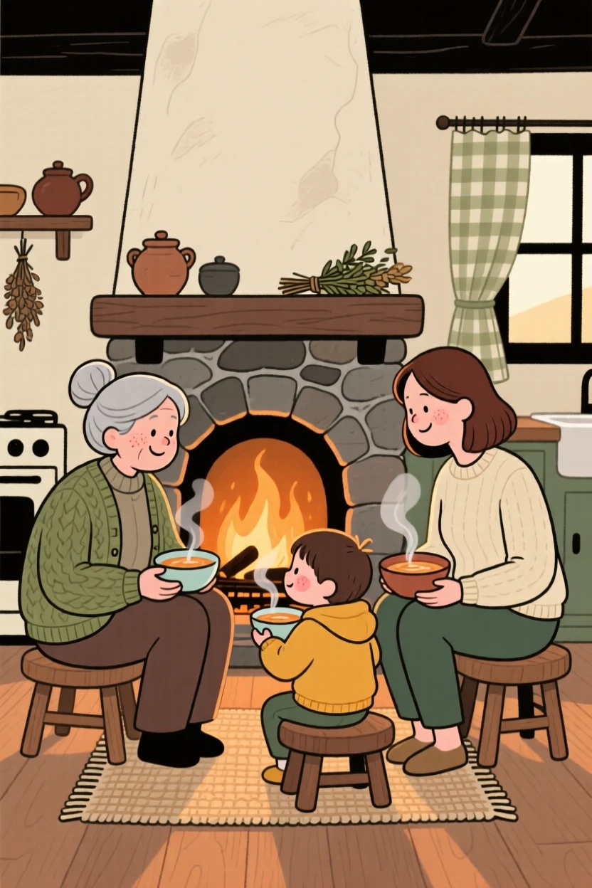 Three generations of a family gather around a fireplace hearth in the farmhouse kitchen, sharing steaming bowls of soup and stories as the last light of day fades.