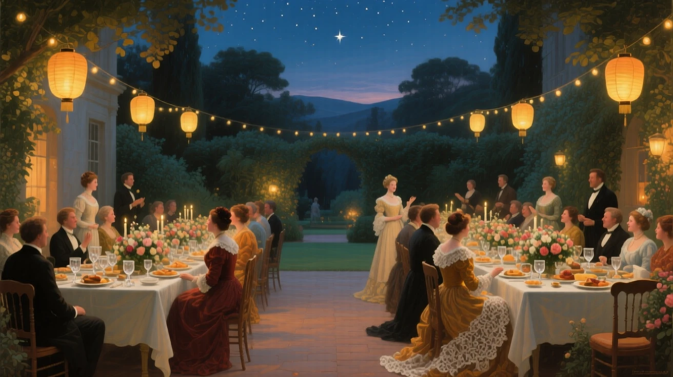 A sweeping wide shot of a wedding feast held beneath strings of lanterns in a garden courtyard, under the night sky, under a canopy of stars.