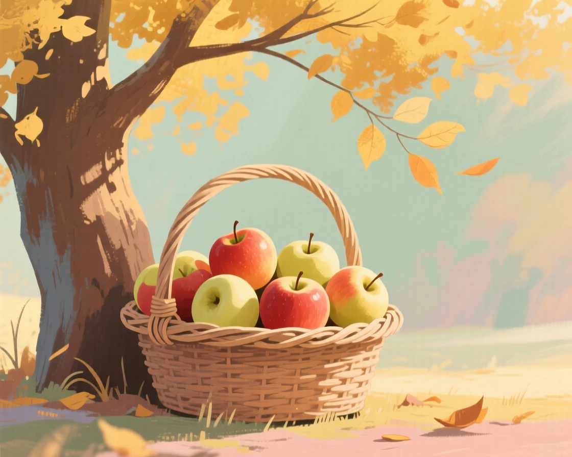 A basket of freshly gathered apples beneath a golden autumn tree