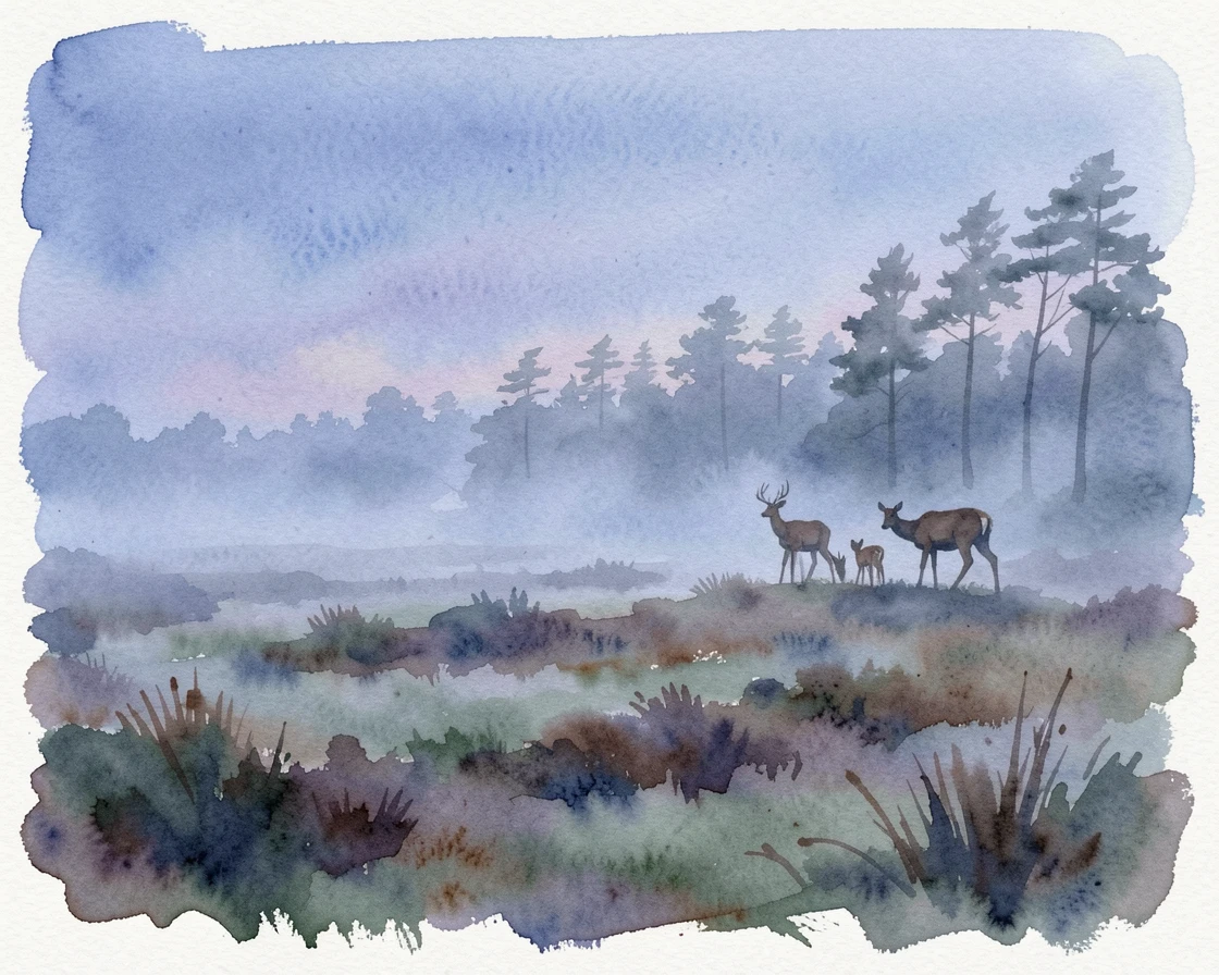 A foggy moorland in the blue light of dusk with a family of deer at the tree line.
