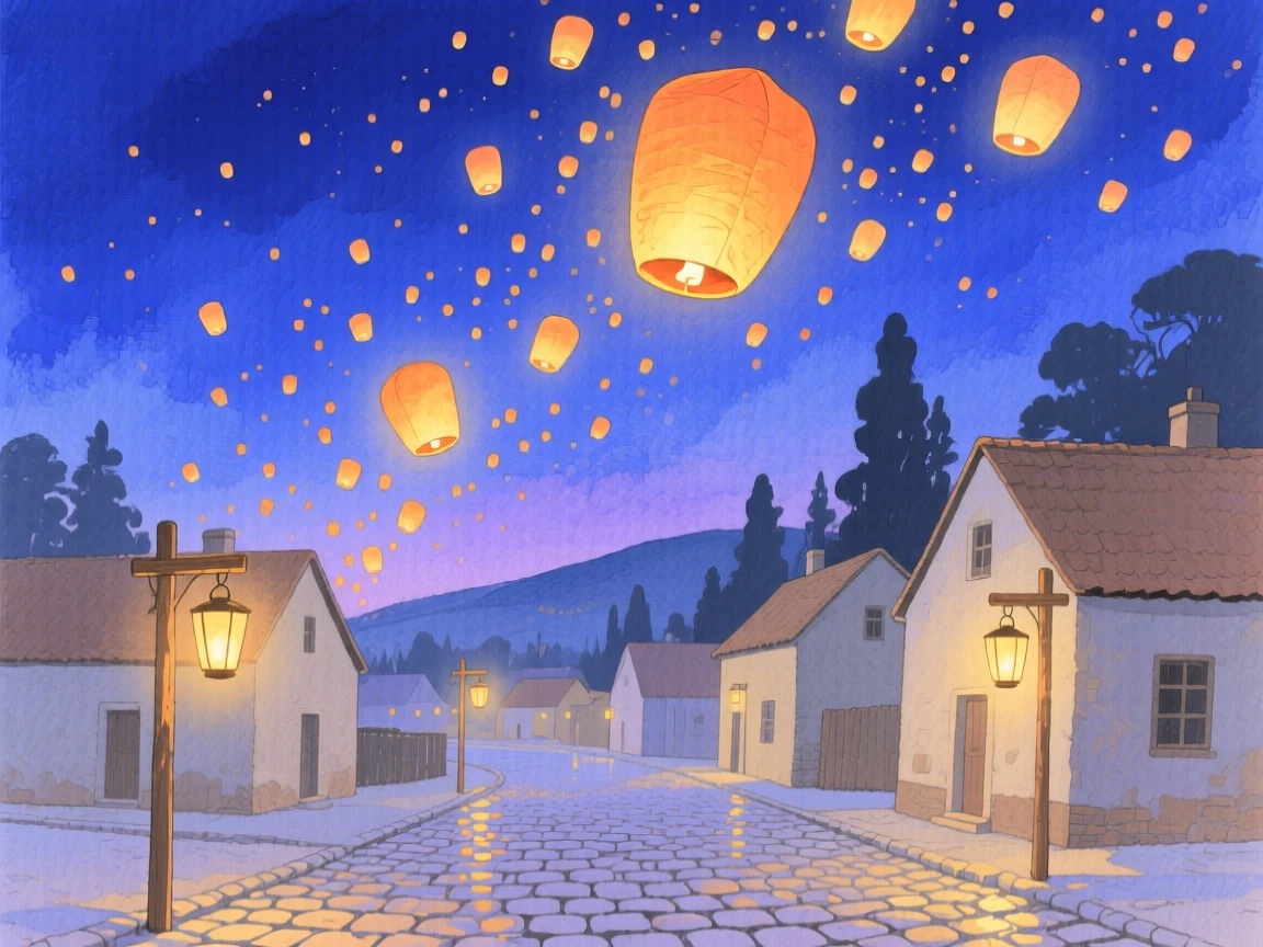 A sky filled with floating lanterns rises above a quiet village during a magical night festival